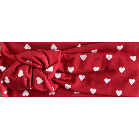 Womens Knotted Head Wrap, Valentine's Turban, Red, Hearts Wide Head Wrap, Boho Wrap, Women's Head Wrap, Wide Headband, Red and White Hearts