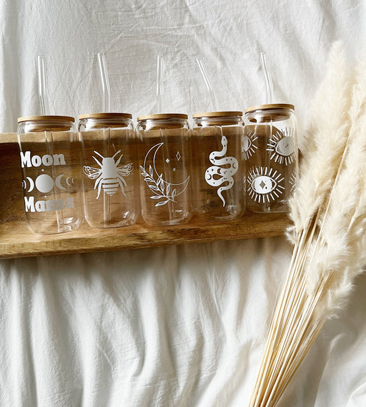 Coffee Glass With Bamboo Lid and Glass Straw, Moon Mama, Mystical Gifts, Iced Coffee Glass, Gifts For Her, Beer Can Tumbler, Glass Tumbler