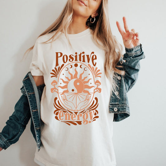 Women's Positive Energy Tee, Cream Tee, Women's Oversized T-shirt, Cute Graphic Tee, Outdoorsy, Ivory Shirt, Rust, Brown, Tee, Yin and Yang