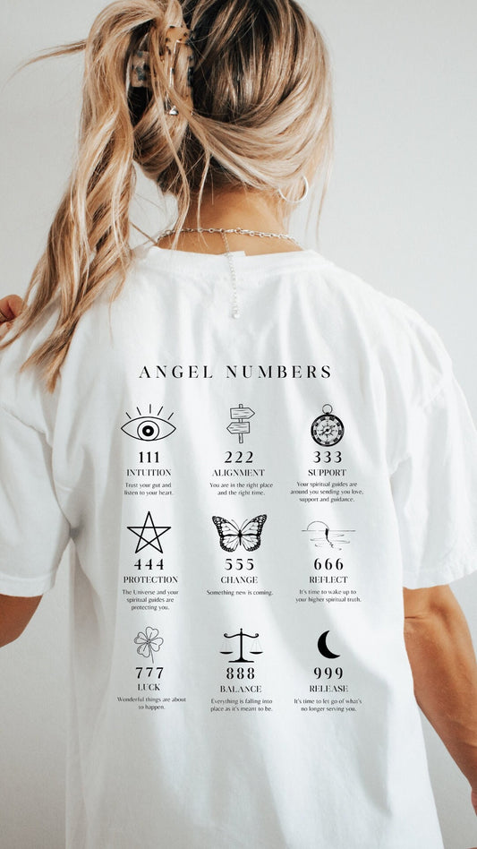 Women's White Tee, Womens Graphic Tee, Angel Numbers, Spiritual, Numbers, Mystical, Witchy Tee, Numerology, Graphic Tee, White Tshirts, Cute
